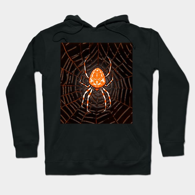 Pumpkin colored spider in black spider house on halloween Hoodie by Marccelus